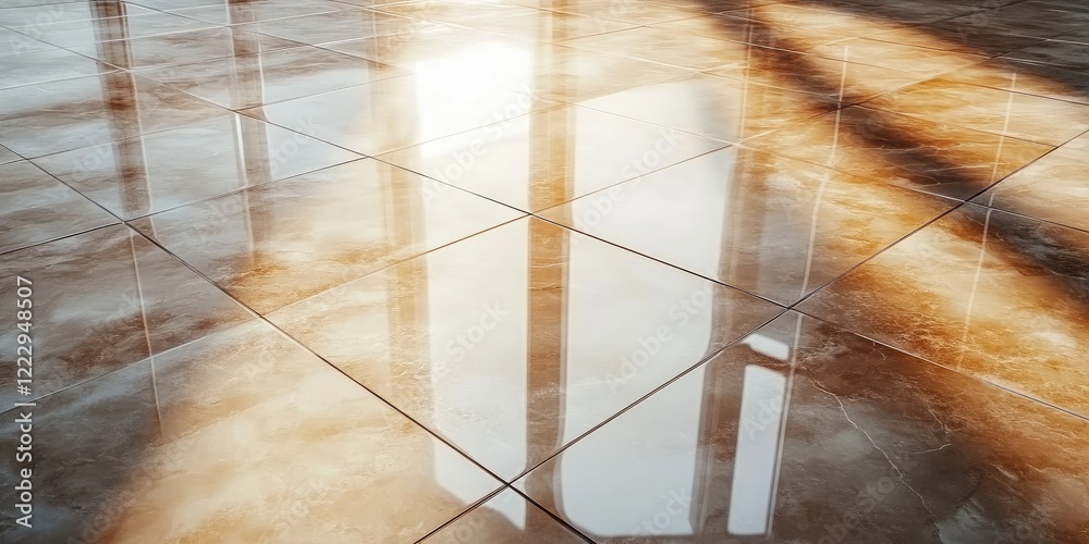 Poster Elegant polished porcelain tile floor texture with reflective surface and ample empty space for design or text integration.