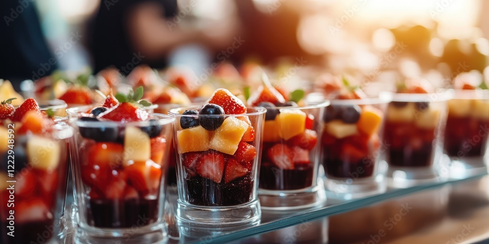 Poster elegant fruit desserts in clear cups beautifully arranged at a gathering with ample empty space for 