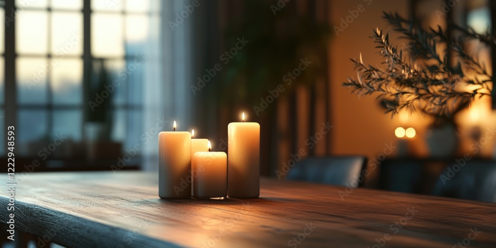 Poster Elegant dining room with candles creating a warm atmosphere and ample copy space for text in a cozy, well-lit setting