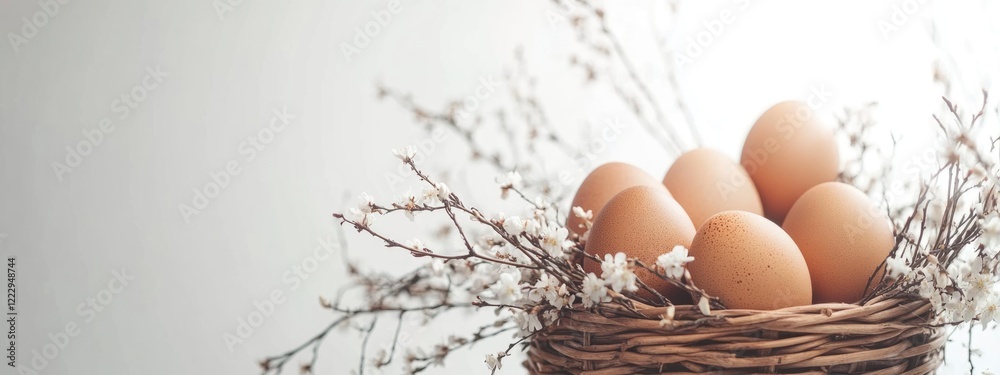 Poster rustic basket of easter eggs surrounded by blooming branches on light background with space for text