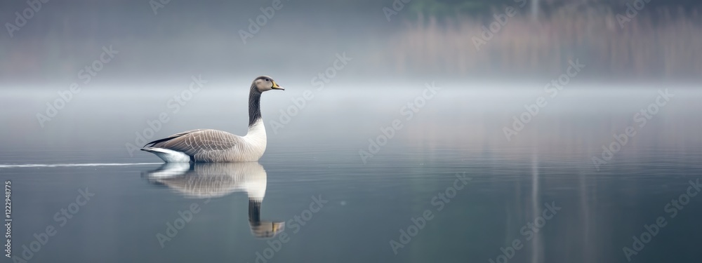 Poster Serene Grey Goose Gliding on Calm Lake Surface with Misty Reflections and Ample Copy Space for Text or Branding