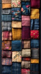 A background of layered fabric swatches with visible stitching.
