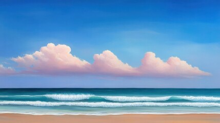 Obraz premium Serene Coastal Landscape with Soft Pink Clouds and Turquoise Waves Under a Bright Blue Sky, Evoking Peace and Tranquility in Nature's Embrace