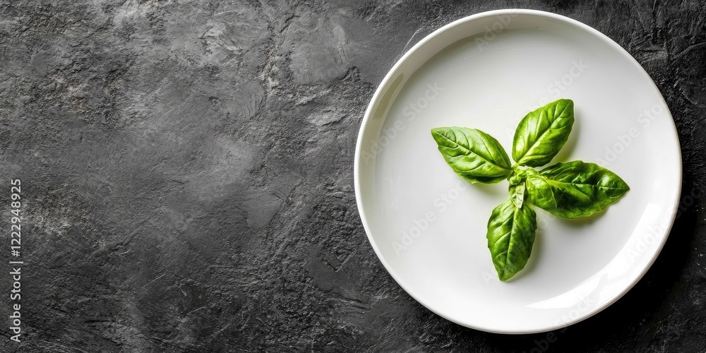 Poster elegant dining plate featuring fresh basil leaves on dark textured surface with ample copy space for