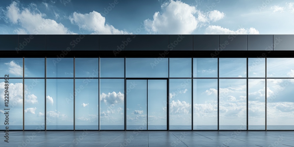 Poster Modern glass faÃ§ade capturing cloud reflections with expansive empty area for customizable text or branding.