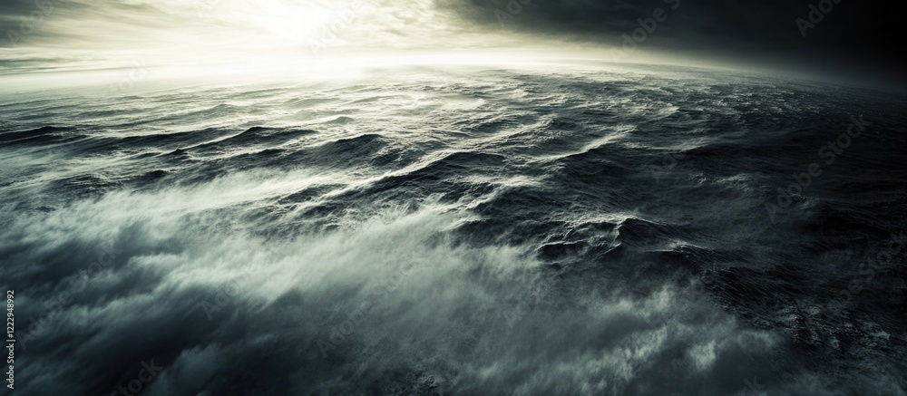 Poster Aerial view of dramatic ocean waves showcasing expansive water surface with dark tones and ample copyspace for text or branding use.