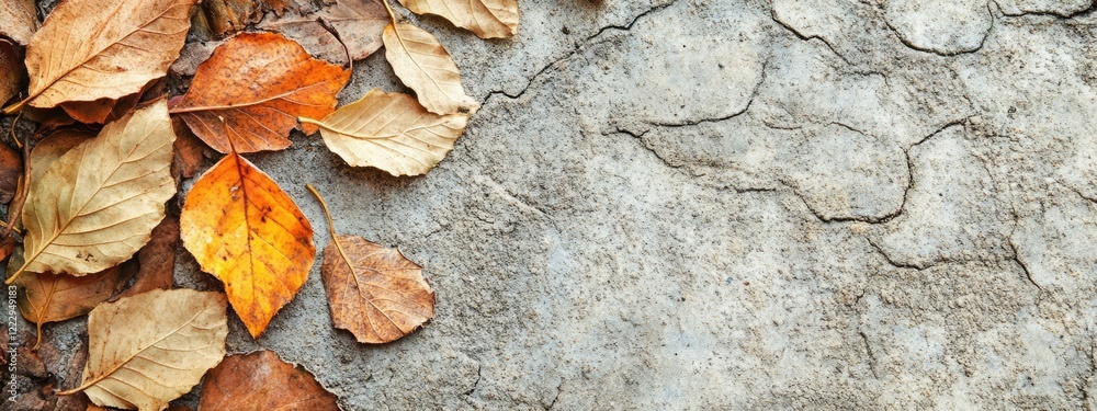 Poster Dried autumn leaves on a textured ground with ample space for text or design elements in a seasonal context.