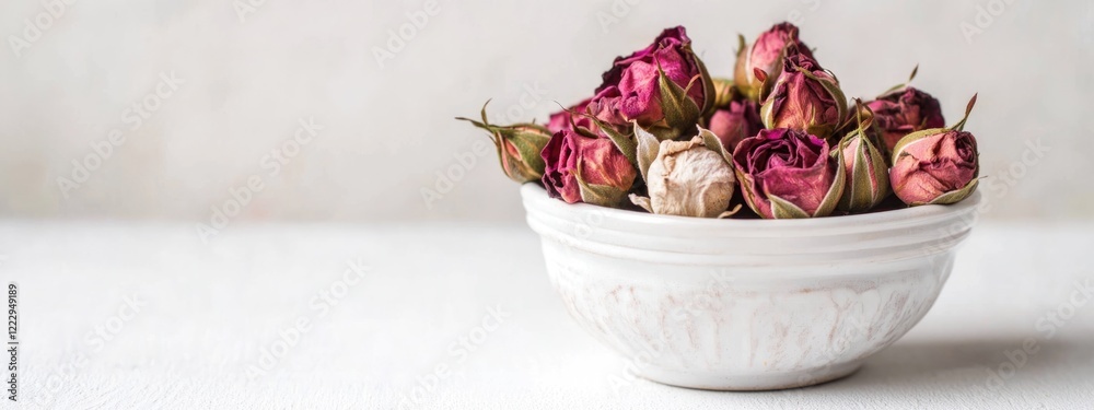 Poster Dried roses in a white bowl on a light background with ample empty space for text and creative design elements