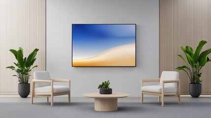 Elegant Modern Living Room with Minimalist Furniture Featuring a Large Wall-Mounted TV Displaying a Scenic Landscape in a Bright and Serene Color Palette