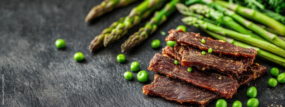 Aufkleber Dried meat slices with fresh asparagus and spring peas arranged on a dark table with ample empty space for text placement