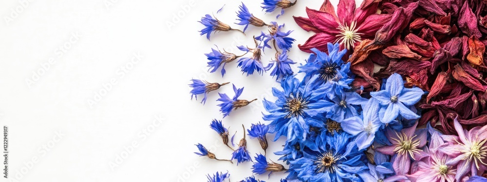 Poster dried blue cornflowers and clematis arranged on white background with space for text or design eleme