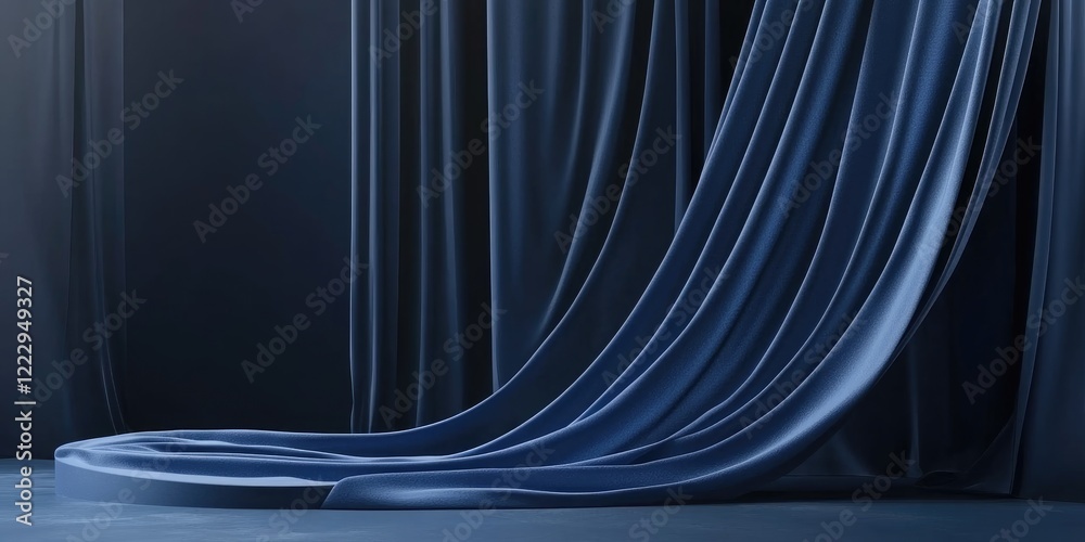 Poster Elegant deep blue fabric backdrop with draped curtains and a circular pedestal for showcasing products and leaving space for text.