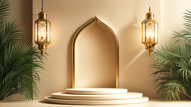 Ramadan Kareem themed stage with two lanterns and an empty podium for displaying festive products