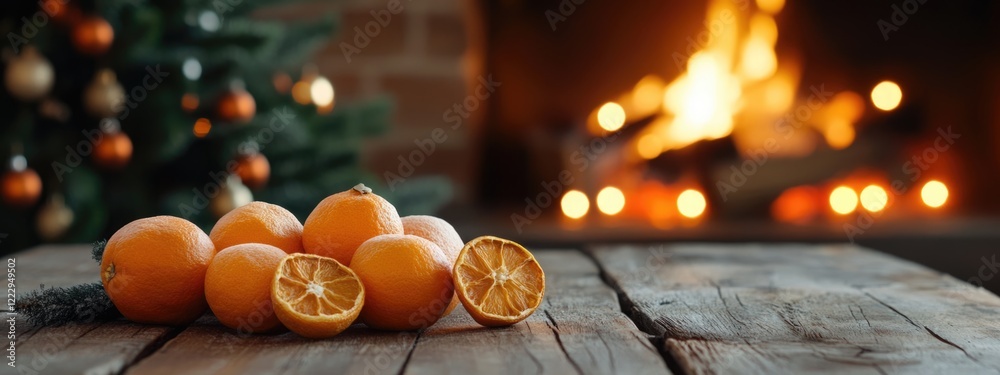 Poster Dried oranges on wooden table with fireplace and holiday tree creating a cozy seasonal atmosphere with blank space for text inclusion
