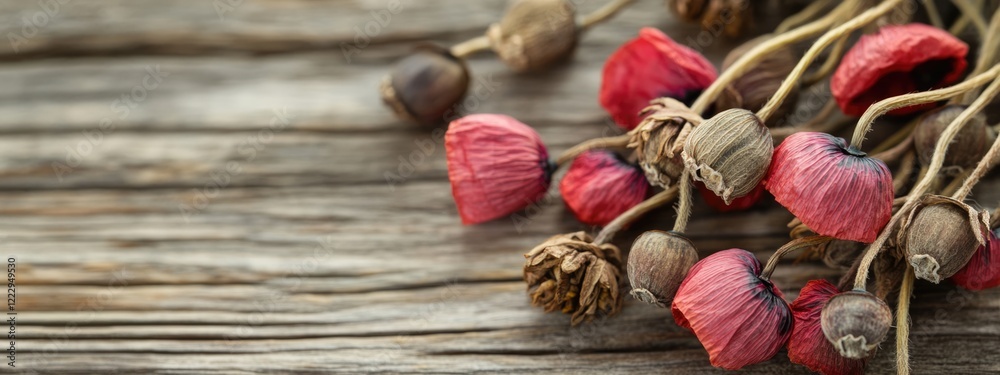 Poster Dried poppy heads on rustic wooden surface with selective focus creating empty space for text or creative design elements.