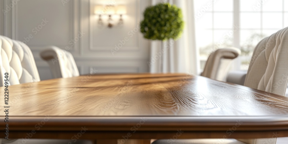 Poster elegant wooden dining table in a stylish interior with soft natural light and ample empty space for 
