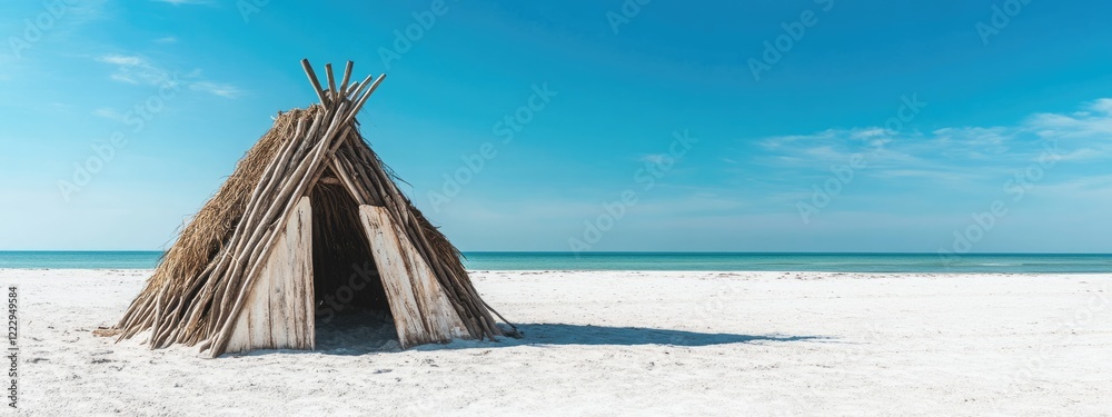 Poster tropical deserted beach with minimalist driftwood grass hut and expansive empty copy space for text 