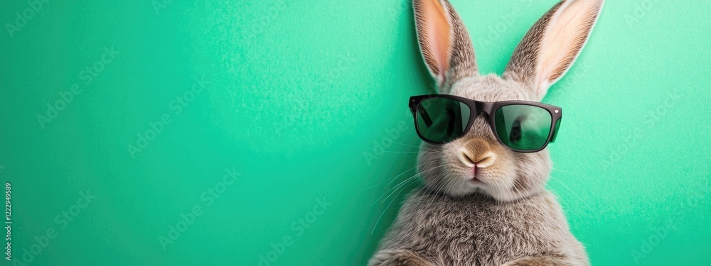 Poster easter bunny in sunglasses against vibrant green background with empty space for text and creative m
