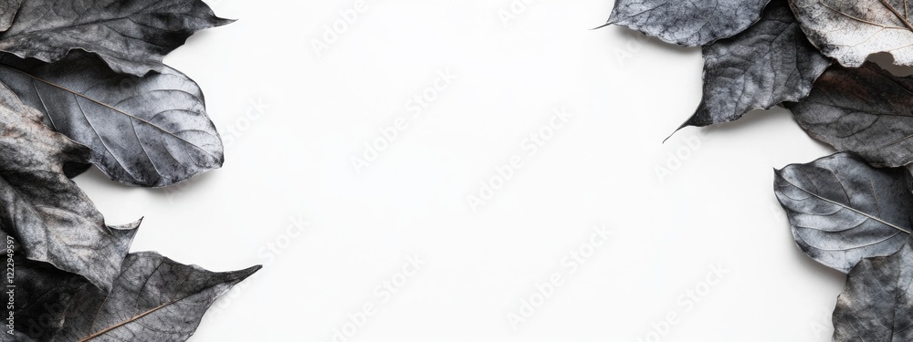 Poster Dried dark gray leaves arranged on a white background with ample empty space for text or design elements for creative use