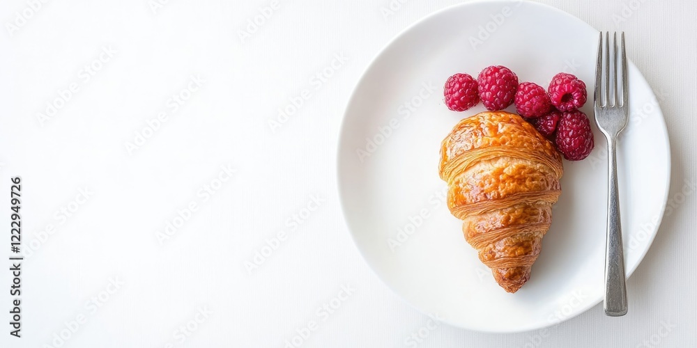Aufkleber Fresh raspberry croissant served on a white plate with fork against a blank background ideal for food advertising or restaurant menus