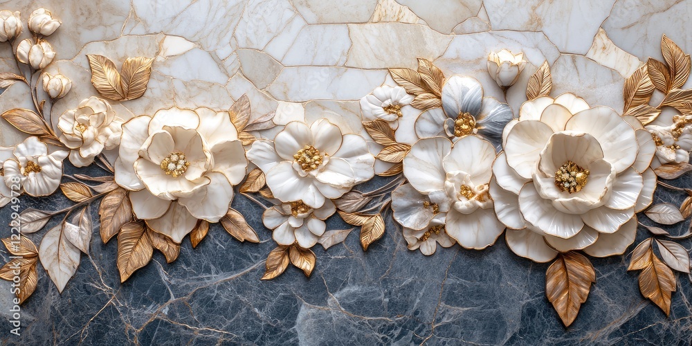 Aufkleber art deco floral mosaic design with marble texture featuring elegant inlays and a blank space for tex