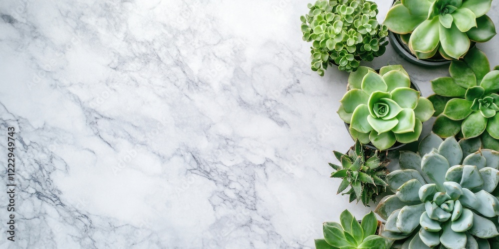 Poster elegant marble surface with fresh green succulents arranged beautifully and ample empty space for pe
