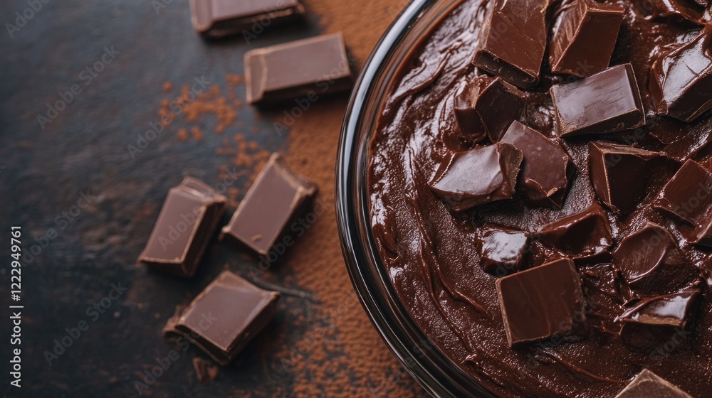Aufkleber Close up of rich chocolate cake topped with chocolate chunks on dark stone surface with empty space for text or branding purposes