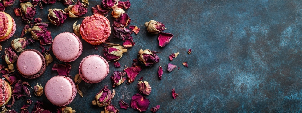 Poster Dried rose petals and macarons arranged on a textured baking sheet with space for text ideal for culinary and confectionery presentations