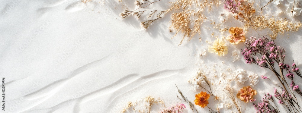 Leinwandbilder dried flowers on white sand creating a serene summer vacation backdrop with ample copy space for tex