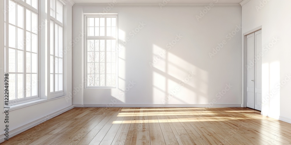 Aufkleber elegant spacious room with large windows and wooden floor featuring empty wall space ideal for text 