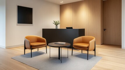 Modern Reception Area Featuring Stylish Orange Chairs, Minimalist Design, Wood Paneling, and Contemporary Decor for a Welcoming Atmosphere in an Office Space