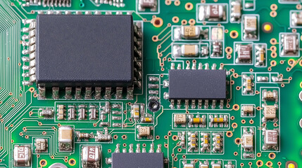 High tech gaming circuit board with intricate components and connections, showcasing vibrant green background and detailed electronic elements