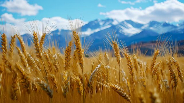 Close-up of barley against distant snow capped mountains.