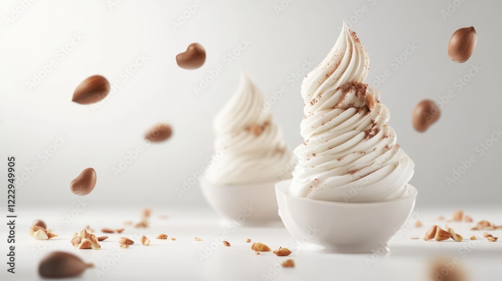 Aufkleber Delicious Creamy Ice Cream with Floating Hazelnuts on Soft Background Ideal for Text Placement and Dessert Promotions