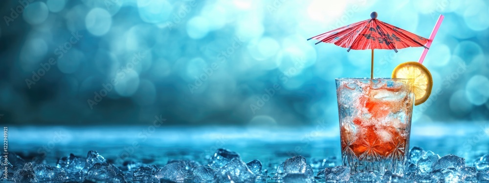 Poster Refreshing cocktail on ice with a colorful umbrella and empty space for text ideal for summer promotions or beverage advertisements