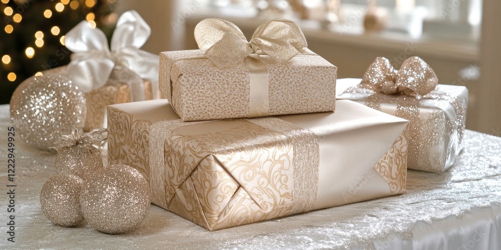 Fototapete elegant gift packaging in a festive setting featuring sophisticated designs and ample empty space fo