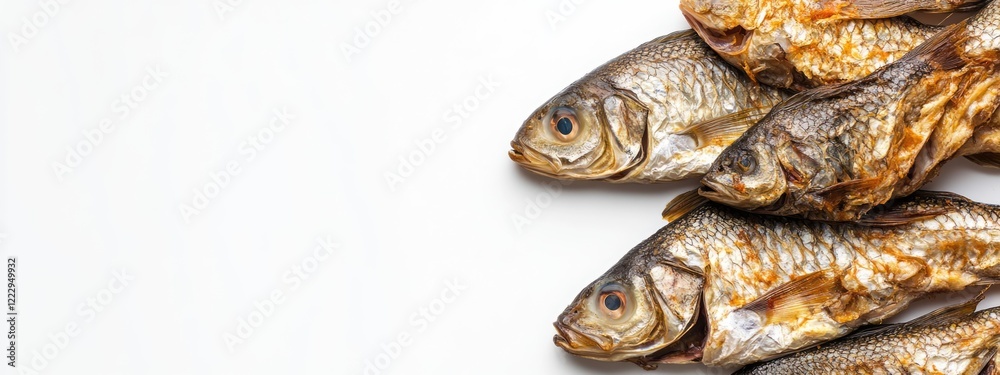 Poster dried cleaned carp fish arrangement on white background highlighting fish preparation with copy spac
