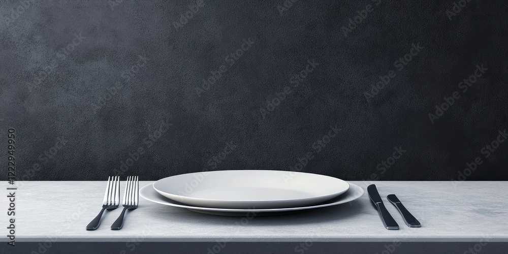 Poster elegant fine dining table setting featuring white plate and utensils against a dark backdrop with em