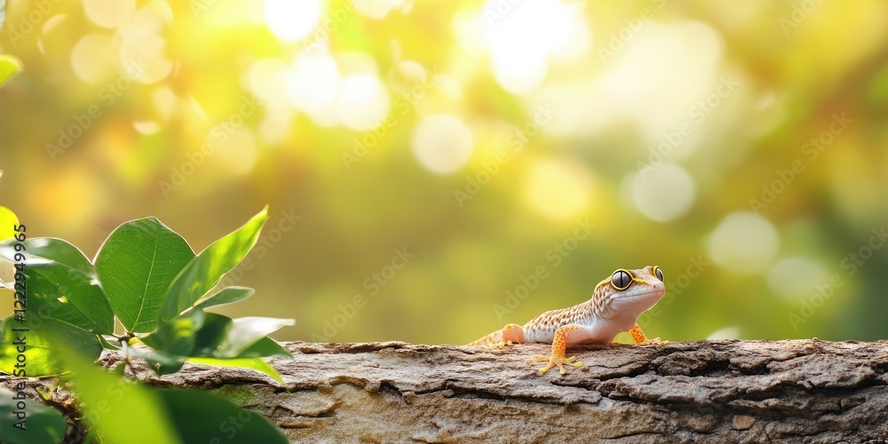 Poster elegant gecko against a blurred natural background with ample copy space for text overlay and creati