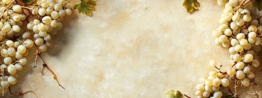 Poster Dried white grape wine backdrop with blank space for text and decorative vine elements for a sophisticated design.