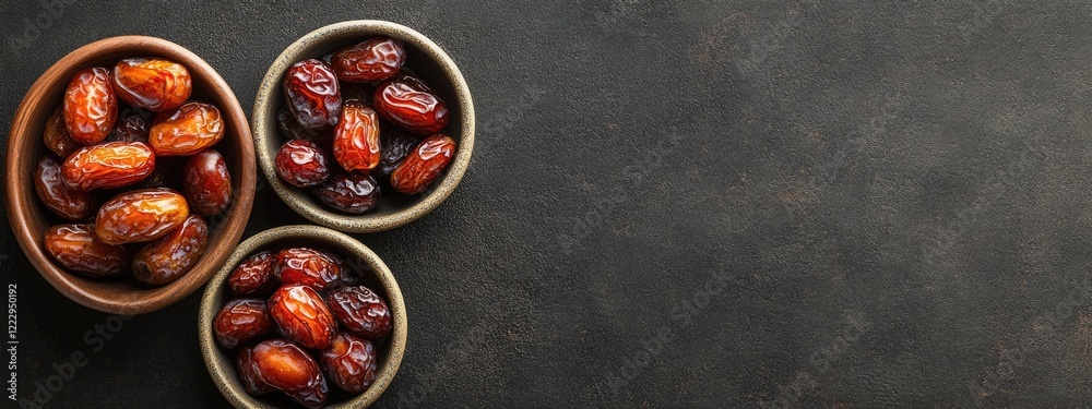 Aufkleber Dried date fruits in rustic bowls arranged on a dark countertop with empty space for text or design use in food-related imagery