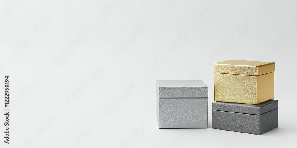 Aufkleber sophisticated gold and grey gift boxes on minimalist white background with ample space for text or b