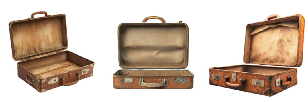 Three vintage suitcases, showcasing different angles and open interiors, highlighting their weathered appearance and unique design.