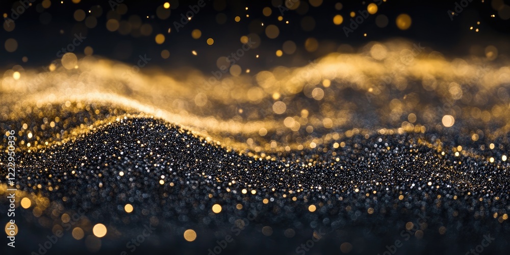 Poster Elegant dark background featuring shimmering golden glitter waves with empty space for text ideal for invitations or luxury promotions.