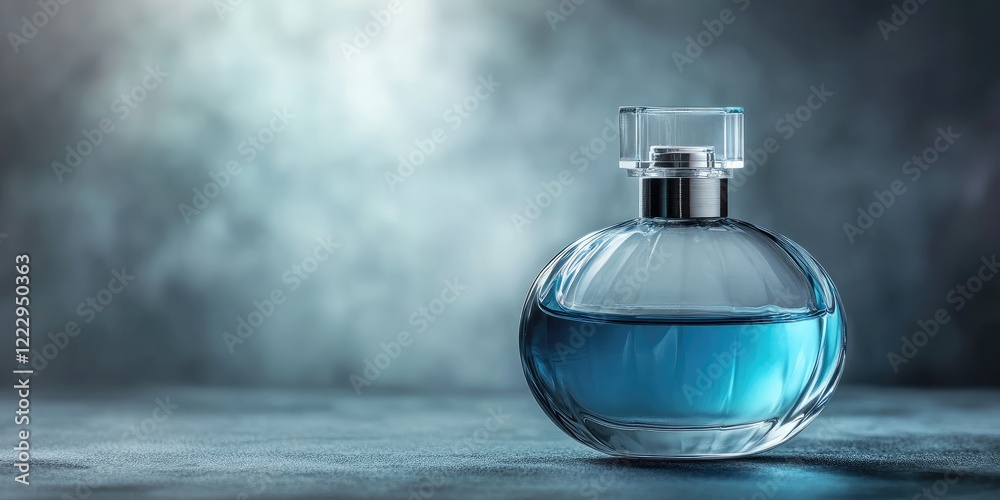 Poster elegant glass perfume bottle with blue liquid on gray background showcasing luxury and refinement wi