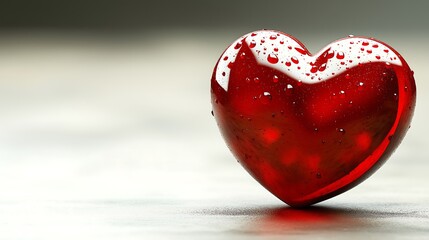 Red glass heart, translucent, reflective surface, white speckles, droplets, macro photography, soft focus background, Valentine's Day, romance, love symbol