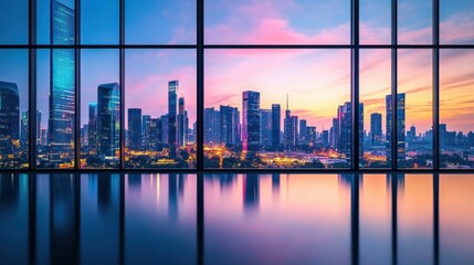 The view of a futuristic city skyline at dusk, glowing with neon lights and reflections on glass buildings.