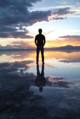 A man stands on a beach at sunset, looking out at the water