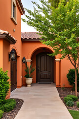 Obraz premium Mediterranean House Exterior: Orange Walls, Brown Door, Landscaped Garden