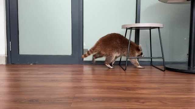 a cute fluffy raccoon is walking around back and forth in front of the door, trying to run out. sneaky and curious racoon. animal behavior, pet cafe, animal theme cafe in BSD, Tangerang, Indonesia